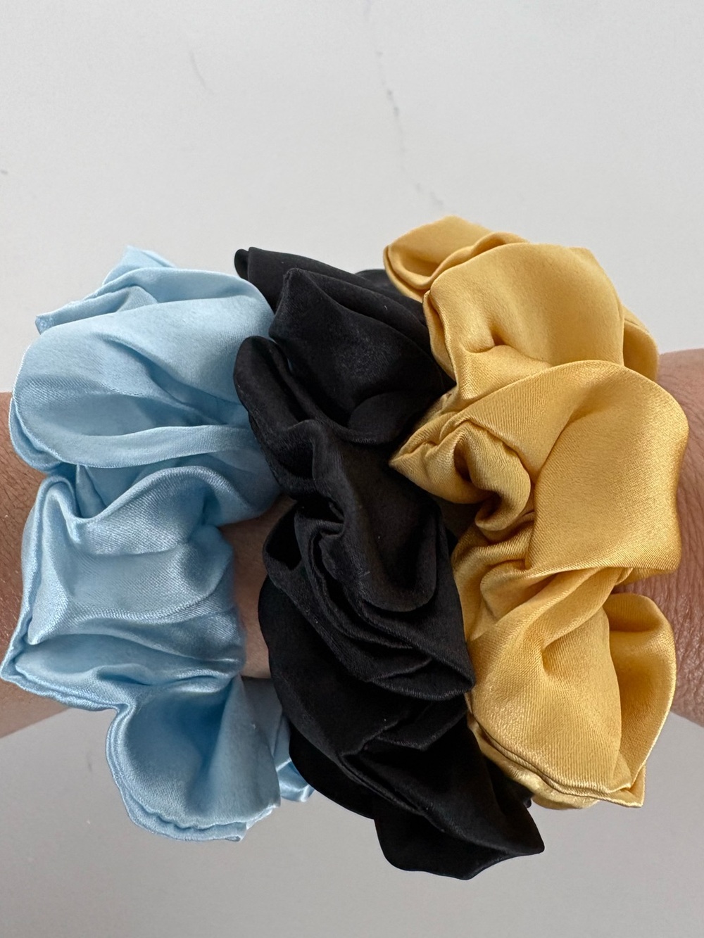 Scrunchies silk set of 3 gold, black, light blue new